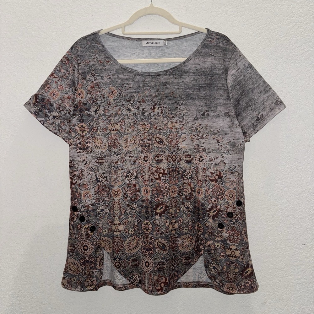 Mislook Women's Shirt 2XL Multicolor Floral Mandala Print Short Sleeve Top Boho